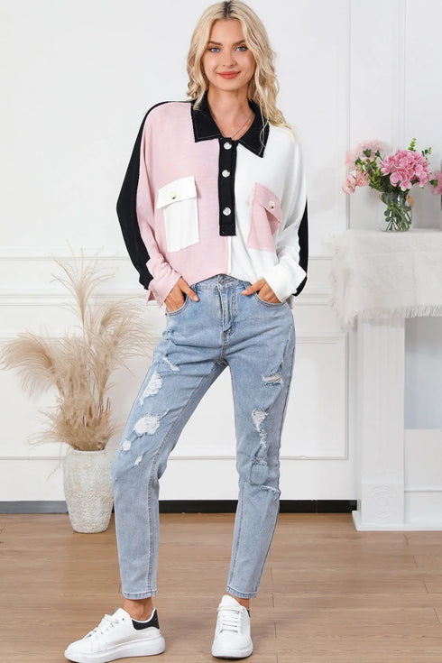 'Thalia' Black & Pink Colorblock Blouse - Celes Fashion